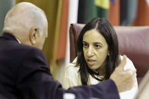 Mbarka Bouaida lors d’une réunion des ministres des Affaires étrangères de la Ligue arabe, en juillet 2014. © Amr Nabil/AP/SIPA