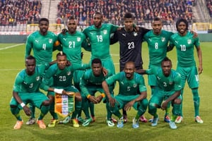 L’équipe de football de la Côte d’Ivoire juste avant un match amical contre la Belgique à Bruxelles le 5 mars 2014. © Geert Vanden Wijngaert/AP/SIPA