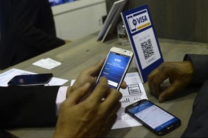 La solution de paiement mobile de Visa, ici lors du Mobile World Congress à Barcelone le 4 mars 2015. © Manu Fernandez/AP/SIPA