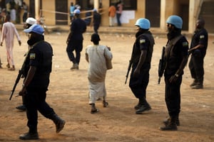 Des Casques bleus rwandais à Bangui, le 14 février 2016. © Jerome Delay/AP/SIPA