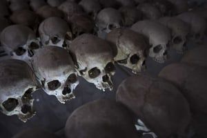 Des cranes de victimes du génocide exposés à Nyamata, au Rwanda, en avril 2014. © Ben Curtis/AP/SIPA