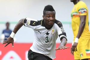 L’attaquant des Black Stars du Ghana Asamoah Gyan, auteur de l’unique but du match contre le Mali à la CAN, le 21 janvier 2017 à Port-Gentil. © afp.com – Justin TALLIS