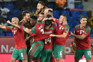 La joie des Marocains après un but contre la Côte d’Ivoire, le 24 janvier 2017 à Oyem. © afp.com – ISSOUF SANOGO