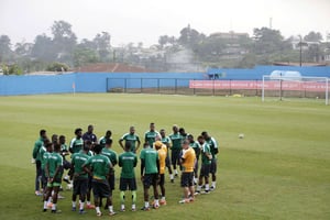 L’équipe de football de la Côte d’Ivoire pendant un entraînement, le 17 janvier 2017 à Oyem, au Gabon. © Sunday Alamba/AP/SIPA
