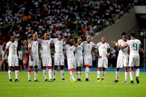 Les joueurs burkinabè durant la séance de tirs au but à la fin du match Burkina Égypte, qui se soldera par la victoire des Pharaons, le 1er février 2017. © Sunday Alamba/AP/SIPA