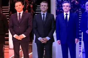 De gauche à droite, Jean-Luc Mélenchon, Benoît Hamon, Emmanuel Macron, François Fillon, Marine Le Pen, candidats à la présidentielle française de 2017. © AP/SIPA/Montage J.A.