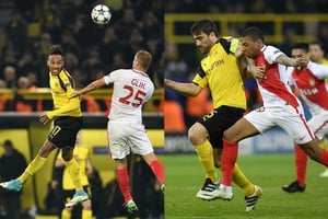 Pierre-Emerick Aubameyang, Kamil Glik, Sokratis Papastathopoulos et Kylian Mbappe lors du match Borussia Dortmund-AS Monaco du mercredi 12 avril 2017, à Dortmund. © Martin Meissner/AP/SIPA