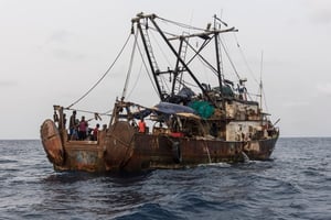 Le navire « Cona », verbalisé pour des mailles trop petites, dans les eaux de Sierra-Leone © Pierre Gleizes pour Greenpeace