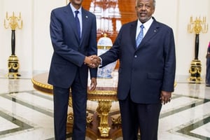 Paul Kagame et Ismaïl Omar Guelleh, le 18 avril. © Abou Halloyta