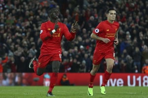 Sadio Mané célèbre son but, le second de Liverpool contre Arsenal le 4 mars 2017. © Dave Thompson/AP/SIPA