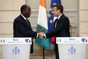 Le président ivoirien Alassane Ouattarra reçu par son homologue français Emmanuel Macron à l’Élysée le 11 juin 2017. © Francois Mori/AP/SIPA