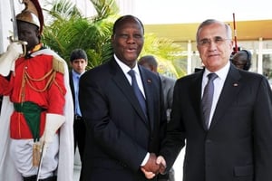 Alassane Ouattara et son homologue libanais, Michel Sleiman, le 15 mars 2013, au palais présidentiel, à Abidjan. © ISSOUF SANOGO/AFP