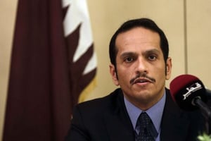 Le ministre qatari des Affaires étrangères, cheikh Mohammed ben Abderrahmane Al-Thani, lors d’une conférence de presse à Rome en juillet 2017. © Gregorio Borgia/AP/SIPA