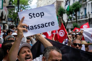 Manifestation à Tunis contre  l’opération israélienne «Bordure protectrice» contre la bande de Gaza, en 2014. © Aimen Zine/AP/SIPA