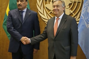 Mohamed Ould Abdel Aziz rencontre Antonio Guterres, le Secrétaire Général de l’ONU, au siège des Nations Unis, le 18 septembre 2017. © Bebeto Matthews/AP/SIPA