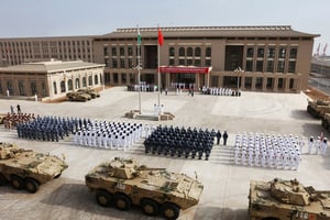 Inauguration de la base militaire chinoise de Doraleh, le 1er août. © STR/AFP