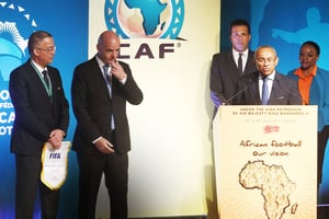 Fouzi Lekjaa, Gianni Infantino et Ahmad Ahmad, le 18 juillet, à Skhirat. © AFP