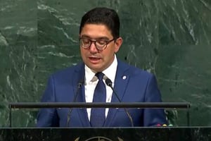 Le ministre Nasser Bourita prononçant son discours devant l »Assemblée générale de l’ONU  le 20 septembre 2017 à New York. © Ministère des Affaires étrangères du Maroc