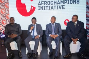 Samba Bathily, Michael Kottoh, Aliko Dangote et Albert Muchanga lors d’un point presse de l’AfroChampions Initiative, le 18 octobre 2017 à Lagos, au Nigeria. © DR / AfricanChampions Initiative