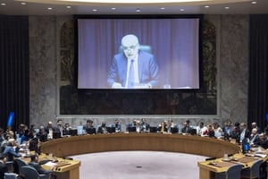 Ghassan Salamé s’adressant au Conseil de sécurité par visioconférence, le 28 août dernier. © UN Photo/Kim Haughton