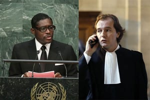 Teodoro Nguema Obiang (d) à la tribune des Nations unies le 30 septembre 2015, et son avocat, Emmanuel Marsigny (g), au tribunal de Paris le 27 octobre 2017. © Frank Franklin II – Thibault Camus/AP/SIPA