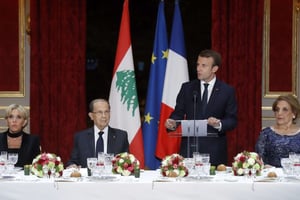 Le président libanais Michel Aoun, et le président français Emmanuel Macron, à l’Élysée, Paris, le 25 septembre 2017. © Etienne Laurent/AP/SIPA