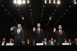 Dirigeants de Facebook, de Twitter et de Google témoignant devant une commission sénatoriale à Washington, le 1er novembre. © Jacquelyn Martin/AP/SIPA