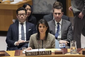 Nikki Haley, l’ambassadrice américaine aux Nations Unies, au Conseil de Sécurité le 29 novembre 2017. © Mary Altaffer/AP/SIPA