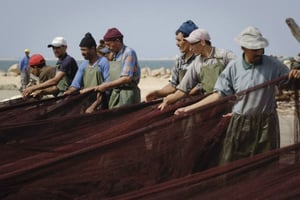 Des pêcheurs au port de Dakhla (Maroc) au Sahara occidental, en 2006. © Vincent Fournier/JA