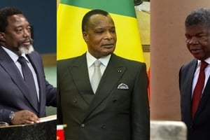 De g. à dr. les présidents de la RDC, Joseph Kabila, du Congo-Brazzaville, Denis Sassou Nguesso, et de l’Angola, João Lourenço. © AP/SIPA/Montage JA.