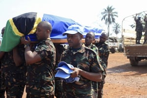 Des Casques bleus transportant un cercueil, lors de la cérémonie d’hommage au 15 soldats tanzaniens tués le 7 décembre 2017. © Al-Hadji Kudra Maliro/AP/SIPA