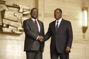 Jeannot Ahoussou Kouadio et Alassane Ouattara, en mars 2012 à Abidjan. © D.R.