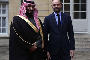 Mohamed Ben Salman à Paris le dimanche 8 avril 2018. Ici en compagnie du Premier ministre français, Édouard Philipe. © Francois Mori/AP/SIPA