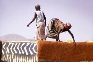Les villageoises de Tiébélé peignent chaque année les façades de leurs cases. Elles appliquent ici un banco constitué de terre argileuse mêlée à de la bouse de vache. © Crispin HUGHES/PANOS-REA