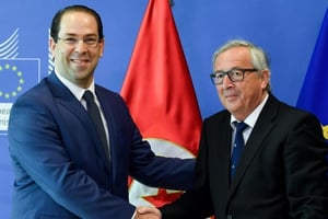 Youssef Chahed et Jean-Claude Juncker; à Bruxelles, le 24 avril 2018. © SIPA/ Frederic Sierkowski