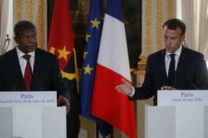 Le président angolais, João Lourenço, et son homologue français, Emmanuel Macron, le 28 mai 2018 à Paris © Philippe Wojazer/AP/SIPA