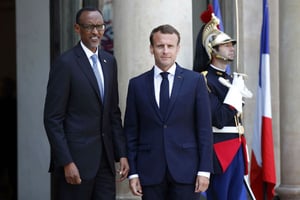 Emmanuel Macron accueille le président rwandais à l’Élysée, le 23 mai 2018. © Francois Mori/AP/SIPA