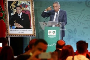 Le président du comité de candidature du Maroc, Moulay Hafid Elalamy, lors de la visite de la Task Force, en avril. © Abdeljalil Bounhar/AP/SIPA