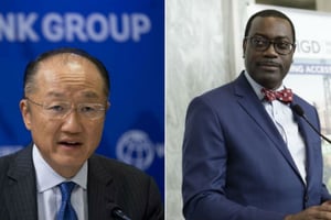 À gauche Jim Yong Kim (Banque mondiale), à droite Akinwumi Adesina (BAD) © Saurabh Das/AP/SIPA – AfDB