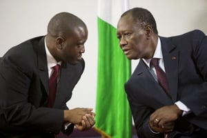 Guillaume Soro et Alassane Ouattara. © Patrick ROBERT/Corbis via Getty Images