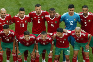 L’équipe du Maroc avant son premier match au Mondial 2018 face à l’Iran, à Saint-Pétersbourg, en Russie, le 15 juin. © Darko Vojionovic/AP/SIPA