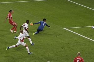 Yussuf Poulsen a inscrit le but de la victoire du Danemark face au Pérou, le 16 juin 2018. © Gregorio Borgia/AP/SIPA