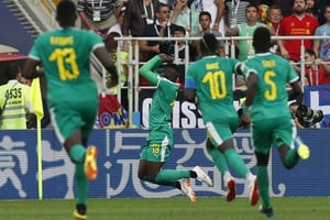 Les Sénégalais célèbrent le but de Mbaye Niang, le 19 juin 2018. © Darko Vojinovic/AP/SIPA