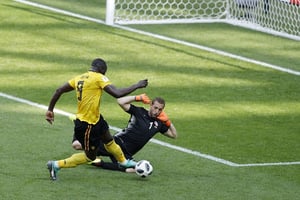 L’attaquant belge Romelu Lukaku a trompé deux fois le gardien tunisien Ben Mustapha, le 23 juin 2018 à Moscou. © Victor Caivano/AP/SIPA