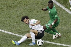 Mohamed Salah a marqué un but face à l’Arabie Saoudite, le 25 juin 2018. © Themba Hadebe/AP/SIPA