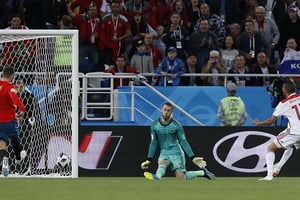 Le Marocain Khalid Boutaïb a ouvert le score face à l’Espagne, le 25 juin 2018. © Manu Fernandez/AP/SIPA