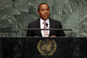 Patrice Trovoada, Premier ministre de Sao Tomé-et-Principe, en septembre 2012 à la tribune de l’ONU. © REUTERS/Keith Bedford
