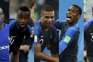 N’Golo Kanté, Blaise Matuidi, Kylian Mbappé, Paul Pogba, Samuel Umtiti pendant le Mondial 2018 en Russie.. © AP/Sipa / Montage J.A.