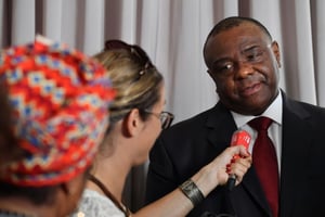 Jean-Pierre Bemba en conférence de presse à Bruxelles, le 24 juillet 2018. © AFP / JOHN THYS