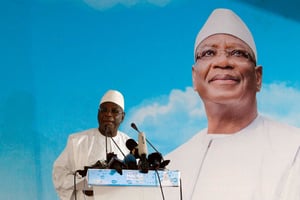 Ibrahim Boubacar Keïta, lors d’un discours à son QG de campagne, le 3 août 2018. © REUTERS/Luc Gnago